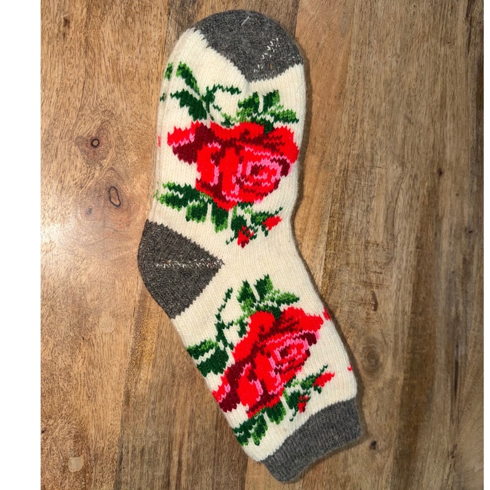 Handmade Wool Socks Red Rose Floral fit size 6-10